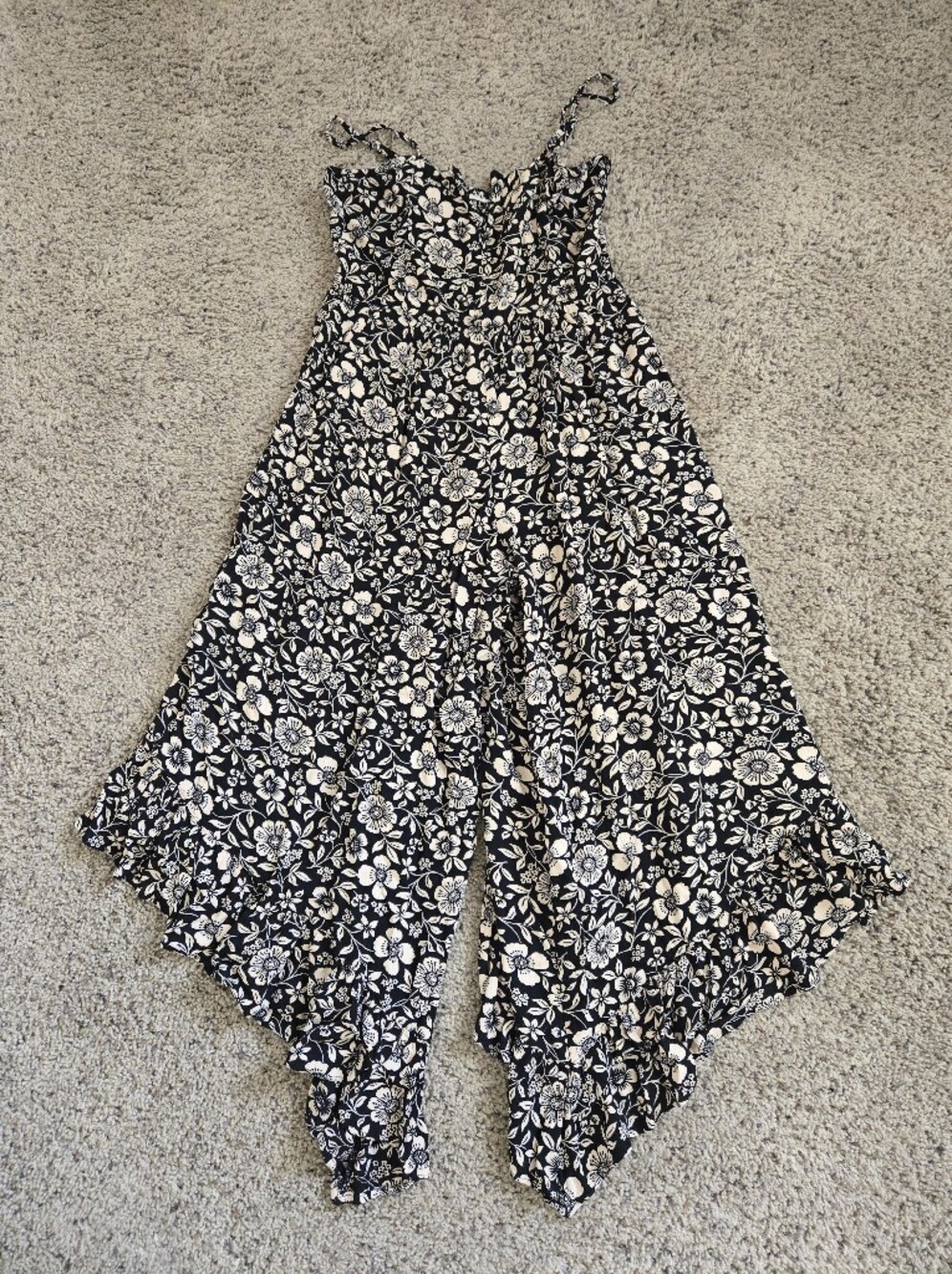 Black & Cream Floral Romper — Elegant Flared Hem